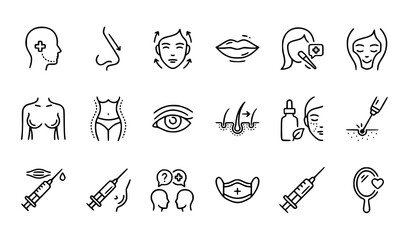 Fototapeta premium Plastic Surgery and Cosmetic Dermatology Line Icon Set Featuring Face Lift, Botox Injections, Rhinoplasty, Lip Fillers, Laser Treatment, and Body Contouring Symbols for Clinic Designs