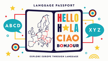 Colorful language passport illustration showing European map with international greeting words © Vectyx