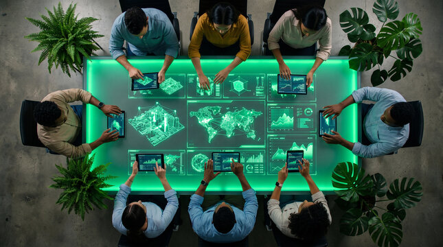 Top view of a diverse business team collaborating around a futuristic glowing digital conference table with data visualizations