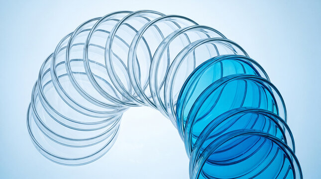 A stack of clear glass petri dishes arranged in an arch, with the ones at the end filled with a vibrant blue liquid solution