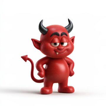 Red Devil Cartoon Character with Horns and Tail Standing against White Background