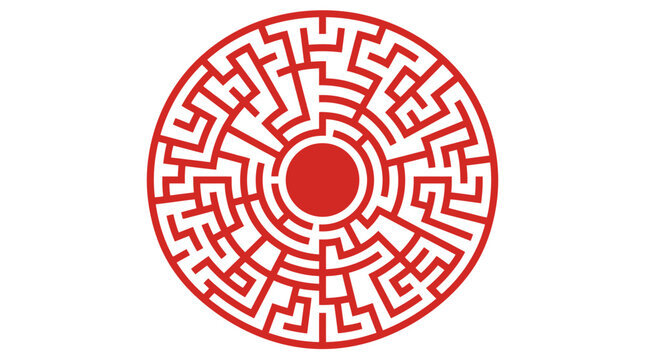 A complex circular red maze with a solid red circle at its center, set against a white background.