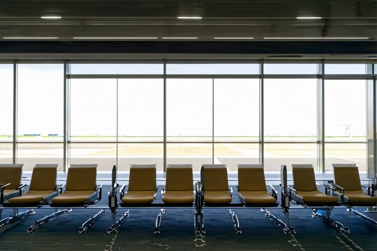 Empty rows of seats in an airport departure lounge facing large windows overlooking the runway
