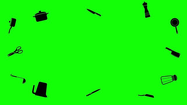 Seamless Pattern of Kitchen Utensils and Cooking Tools on a Bright Green Background