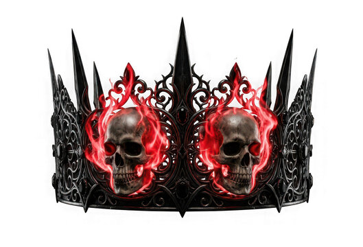 Dark gothic crown featuring intricate metal filigree and two skulls engulfed in glowing red flames isolated on transparent background