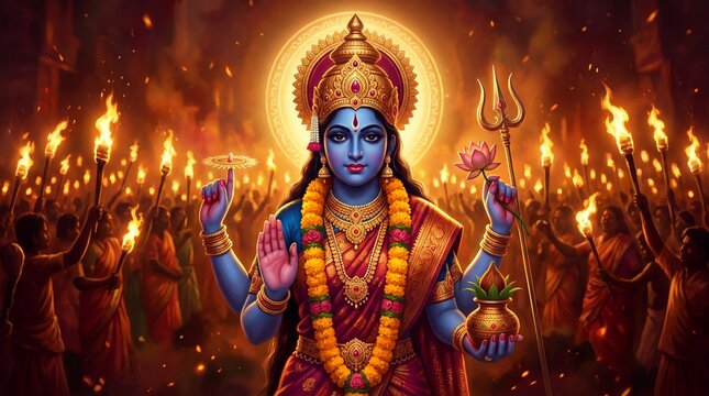 Focus on the intricately decorated idols of Goddess Ganga being worshipped during the Dussehra celebrations.