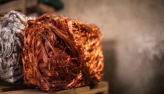 Compacted recycled copper wire scrap bales in material recovery facility