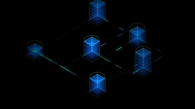 Glowing blue isometric server racks transferring data in a network