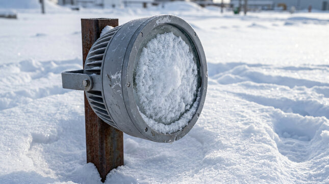 industrial outdoor floodlight covered in snow|winter landscape with security light fixture|frost on exterior led spotlight lens|weatherproof lighting equipment in extreme winter weather