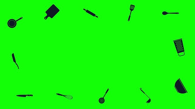 Seamless Pattern of Kitchen Utensils Icons on Vibrant Green Background