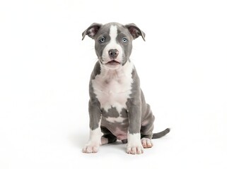 Fototapeta premium Cute gray and white pitbull puppy sitting on white background