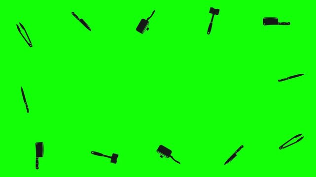 Seamless pattern of kitchen utensils and chef knives on a vibrant green background