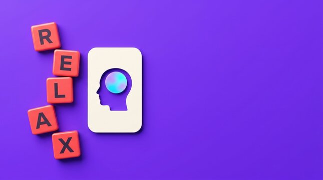 Relax word spelled out using vibrant orange plastic cubes positioned next to a white card displaying an illustrated human head silhouette with a glowing brain icon on bright purple background.