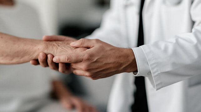 Close up of a doctor's hands performing a wrist rigidity test on an elderly female patient during a Parkinson neurological examination, clinical diagnosis, motor assessment,