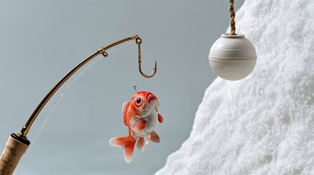 Ice fishing rod bending with surprised fish on hook in snowbank