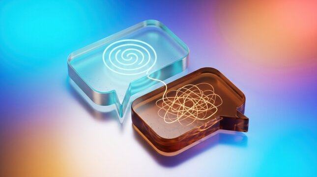 Translucent glass speech bubbles featuring glowing neon light symbols showcasing a neat spiral and a chaotic messy knot design against a vibrant gradient background with soft artistic depth of field.