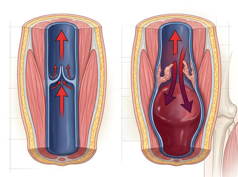 Side-by-side visualization of competent venous valve and incompetent r