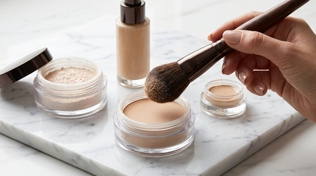 professional makeup artist applying face powder | luxury cosmetics on marble background | high quality makeup brush and foundation | beauty routine with loose setting powder