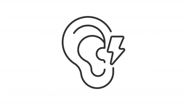 Animated ear with lightning outline icon. Earache treatment animation. Otitis media group of inflammatory diseases. Hearing organs care. Flat line motion graphic loop on transparent white