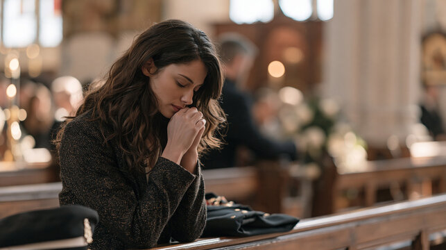 A young Irish widow sitting alone in church pew after a military funeral service, uniform folded beside her, bowed head, wartime grief, spousal loss, military bereavement, solemn