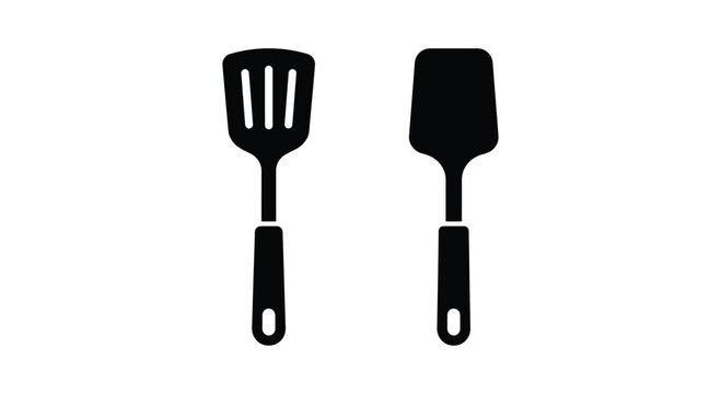 Black silhouette of a slotted spatula and a flat turner against a white background