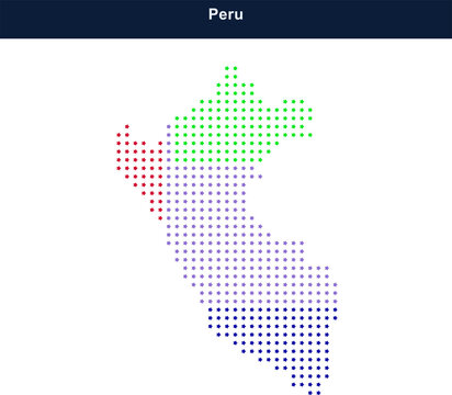 Colorful dotted map of peru created with small square pixels in modern style
