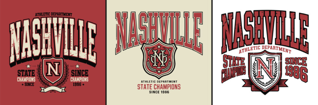 Nashville typography designs featuring vintage athletic collegiate style text and emblems