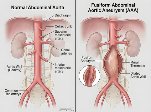 Normal abdominal aorta compared with fusiform abdominal aortic aneurys