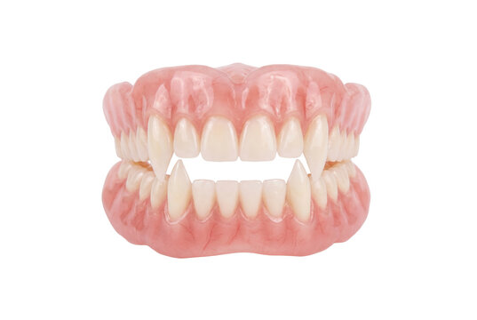 Realistic vampire dentures with sharp pointed fangs and pink gums