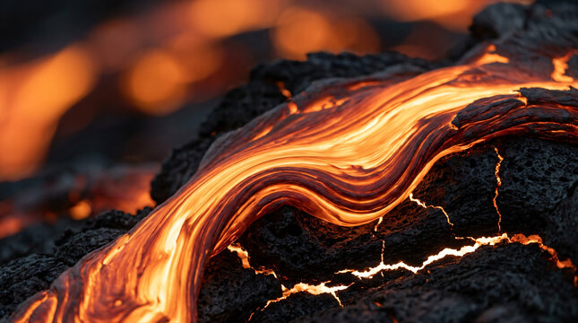 Molten lava flow on volcanic basalt rock | Red hot magma texture background | Close up of active volcanic eruption | Glowing liquid fire landscape