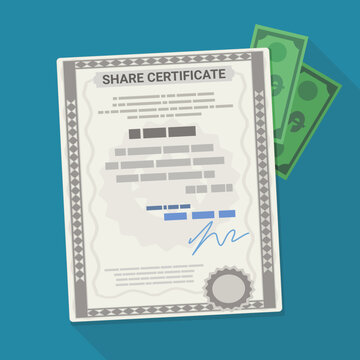 Stock share certificate with cash money banknotes, symbolizing capital investment, corporate equity dividends, and shareholder return on investment.