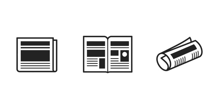 Set of black and white newspaper icons in different layouts representing daily press and journalism