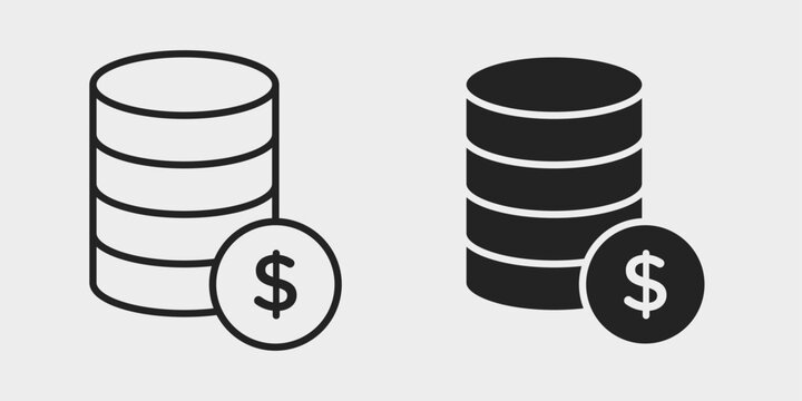 Financial Database Icon represents financial data, banking records, secure storage, and information management with editable outline and fill vector illustrations.