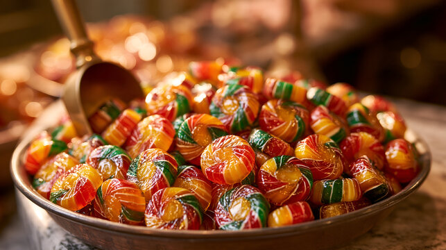 Glossy striped boiled sweets heaped in a metal tray with a brass scoop