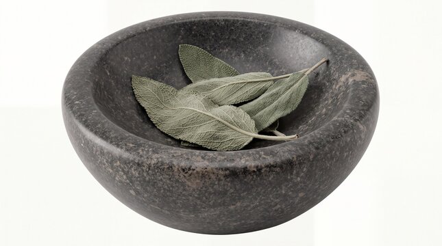 Fresh sage leaves in a dark stone mortar bowl isolated on white