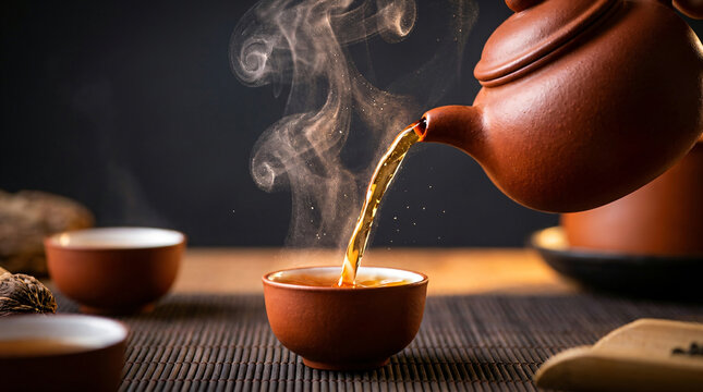Pouring hot tea from traditional clay teapot | Zen tea ceremony with rising steam | Authentic Chinese Gongfu tea set | Hot herbal drink pouring into ceramic cup | Relaxing tea time ritual