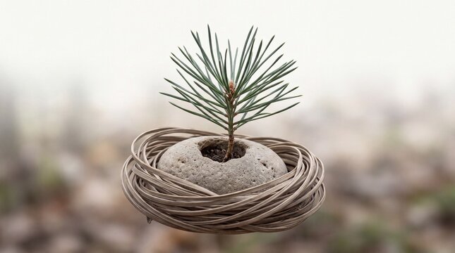 Tiny pine tree sapling grows from stone within a circular nest