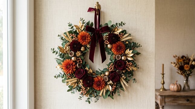 Decorative autumn wreath with dahlia flowers and velvet ribbon hanging on a textured wall with circular floral wreath with wheat stems hangs light colored wall