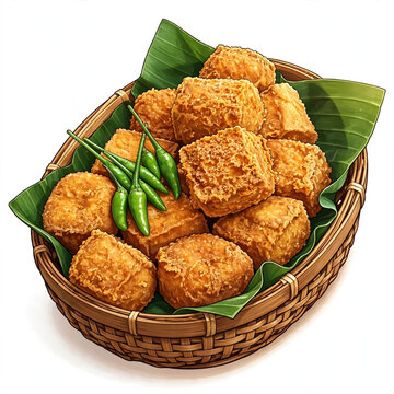 Tahu Sumedang Crispy Fried Tofu in Bamboo Basket with Banana Leaf and Chilies - Glossy Vector Illustration