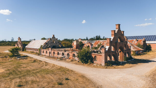 Aerial view of the abandoned Egebaksande farm ruins in Thy National Park, Denmark