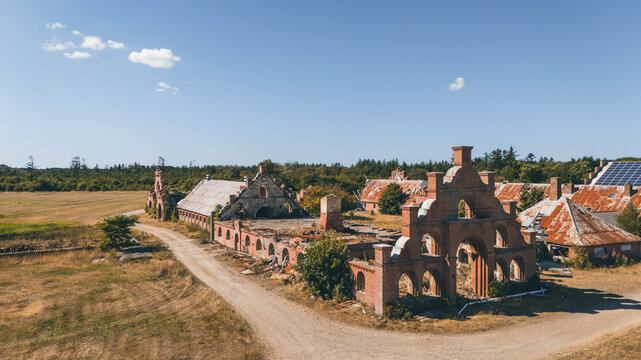 Aerial view of the abandoned Egebaksande farm ruins in Thy National Park, Denmark