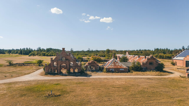 Aerial view of the abandoned Egebaksande farm ruins in Thy National Park, Denmark