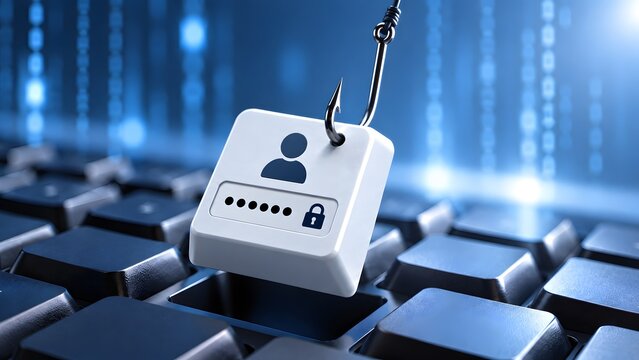 Fishhook pulling a login profile key from a computer keyboard illustrating credential theft and phishing scams.