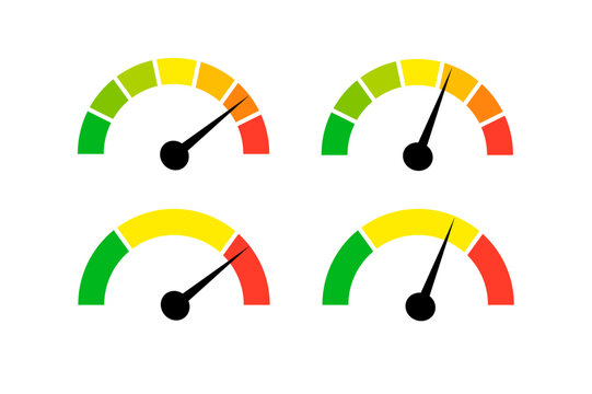 Speedometer gauge meter icons. Vector scale, level of performance. Speed indicator .Infographic of risk, gauge, score progress.