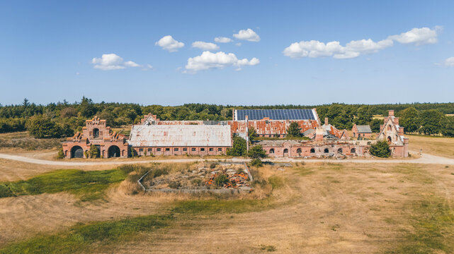 Aerial view of the abandoned Egebaksande farm ruins in Thy National Park, Denmark