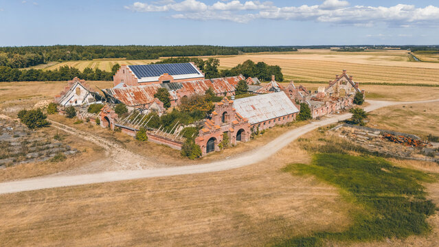 Aerial view of the abandoned Egebaksande farm ruins in Thy National Park, Denmark