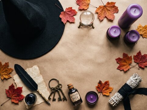 Flat lay of a black hat with autumn leaves and magical items on paper background with small potion bottle brown paper surface arrangement displays black
