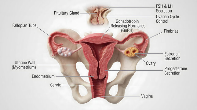 This image shows the anatomy of the female reproductive system, consisting of the ovary, fimbriae, fallopian tube, myometrium, endometrium, cervix, and vagina.