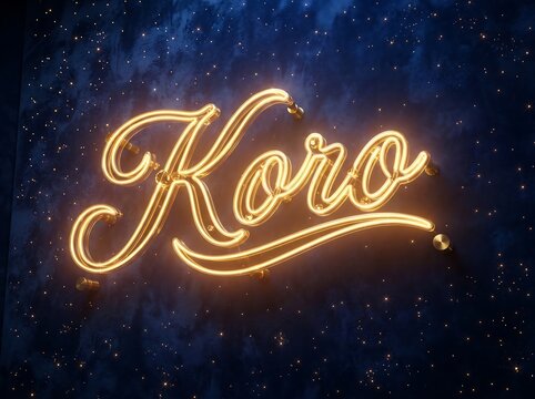 Glowing Koro text sign made of golden fairy lights against a dark blue textured wall