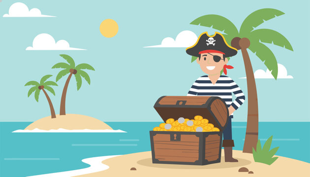 Smiling pirate with an eye patch rests his hand on an open treasure chest overflowing with gold coins on a sunny tropical island shore.
